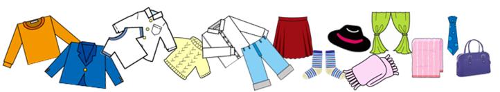 イラスト:リサイクルできる衣類(トレーナー、ブレザー、シャツ、ポロシャツ、セーター、ズボン、スカート、靴下)・古布(カーテン、タオル、ネクタイ、帽子、マフラー、かばん)の例