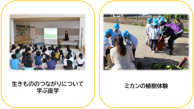 写真：座学とミカンの植樹体験の様子