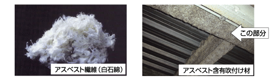 写真：アスベスト繊維(白石綿)とアスベスト含有吹付け材