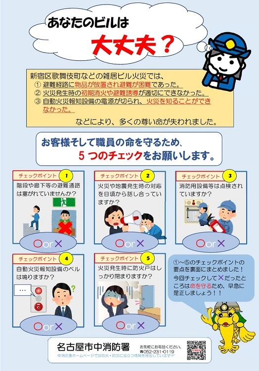 チラシの写真:ビルの防火管理チェック項目5つ