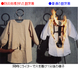 写真:防炎品と非防炎品の燃焼実験