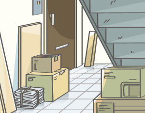 共用部の廊下及び階段に燃えやすい物が置かれ放火されやすい状態を示すイラスト