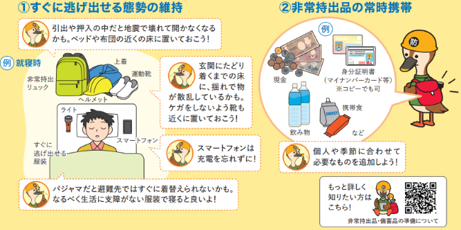 イラスト:1すぐに逃げ出せる態勢の維持 2非常持出品の常時携帯