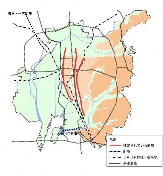 地図:名古屋市付近に推定されている断層