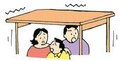 イラスト:地震が来て机の下に避難する家族