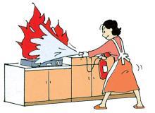 イラスト:コンロの火災に消火器を使う女性