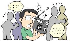 イラスト:周りが話している中、ラジオで情報を聴く男性