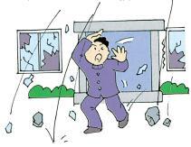 イラスト:破片が落ちる中移動しようとする男性