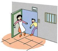 イラスト:扉を開けて避難しようとする人たち