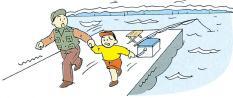 イラスト:津波を見て埠頭から避難する親子