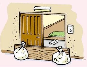イラスト：臨時の止水板を利用して玄関を塞ぐ様子