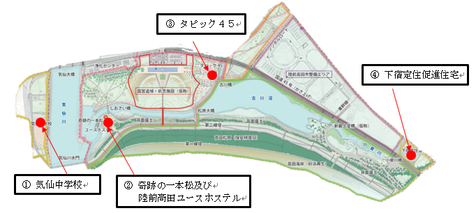 地図：震災遺構の位置図。震災以降の位置が示されている。