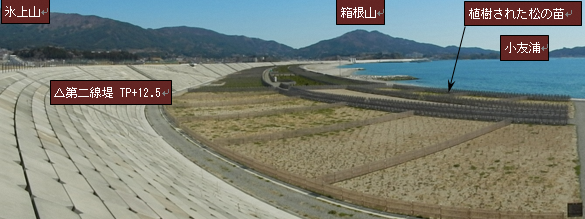 写真:防潮堤から広田湾を撮影した様子。奥には氷上山、箱根山が見える。