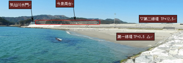 写真:高田松原海岸から防潮堤を撮影した様子。奥には今泉高台が見える。