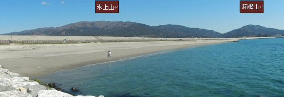 写真:高田松原海岸から防潮堤を撮影した様子。奥には氷上山、箱根山が見える。