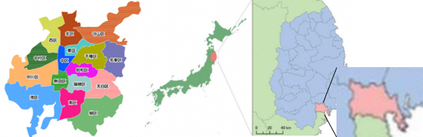 地図:名古屋市と陸前高田市