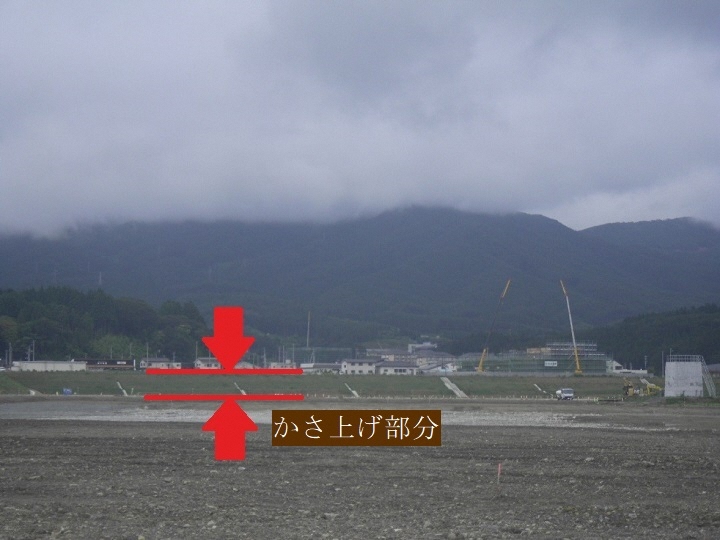 写真:中心市街地の嵩上げ。盛り土により中心市街地が周りに比べて高くなっている。