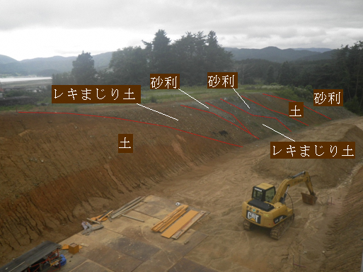 写真:切土区間。地層が現れており、土、レキまじり土、砂利、見た目に違いがはっきりとわかる。