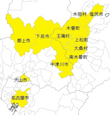 尾張藩連携事業参加自治体の地図