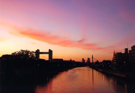 熱田堀川の御陵橋から見た夕景の写真