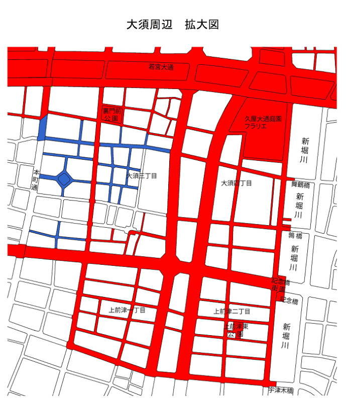 地図：大須周辺の放置禁止区域を表示しています