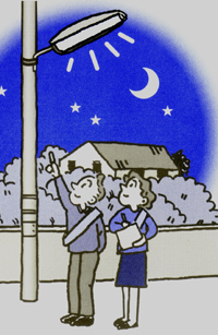 地域で防犯灯を点検しているイラスト