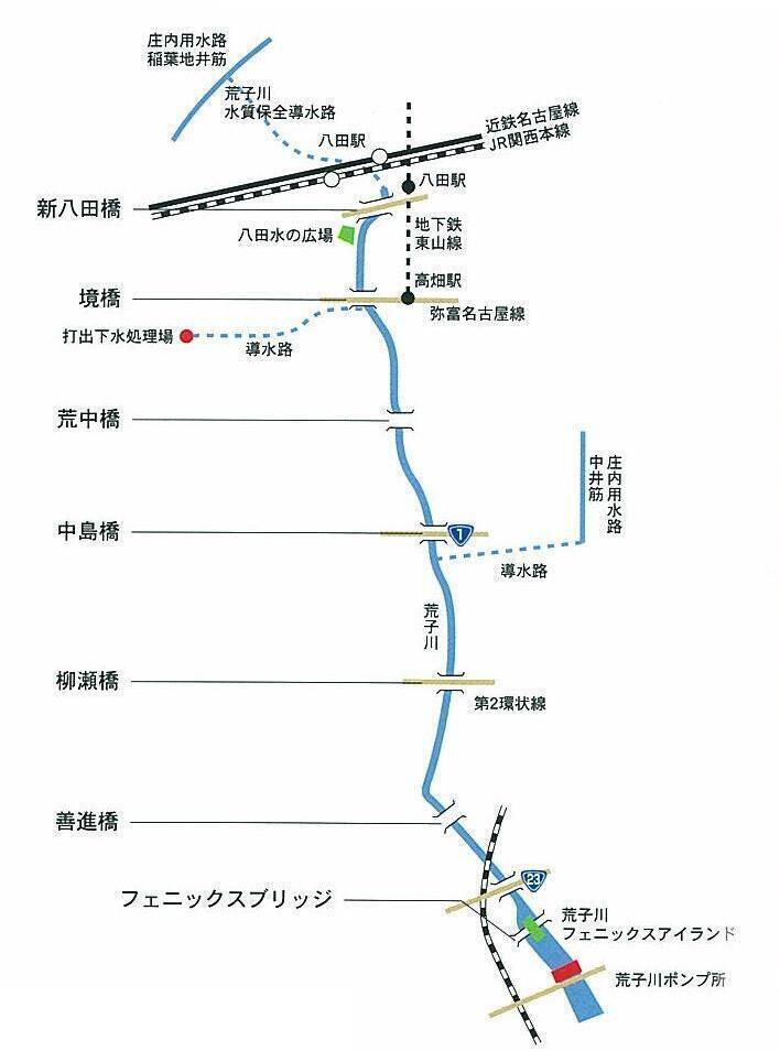 地図:本市中川区から港区にかけての荒子川概略