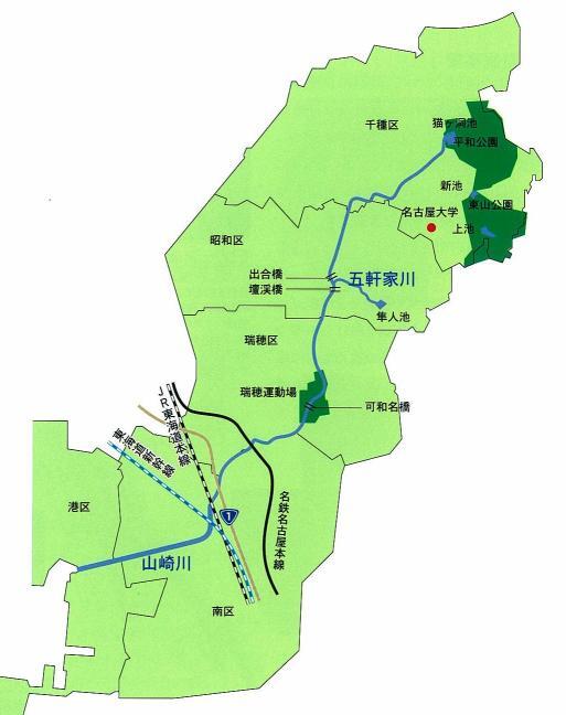 地図:本市中東部から南部にかけての山崎川水系概略