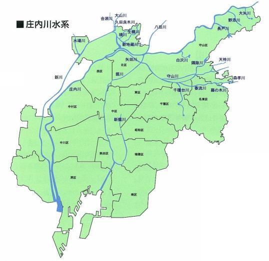地図:庄内川や堀川など、本市北東部から中西部にかけての庄内川水系概略