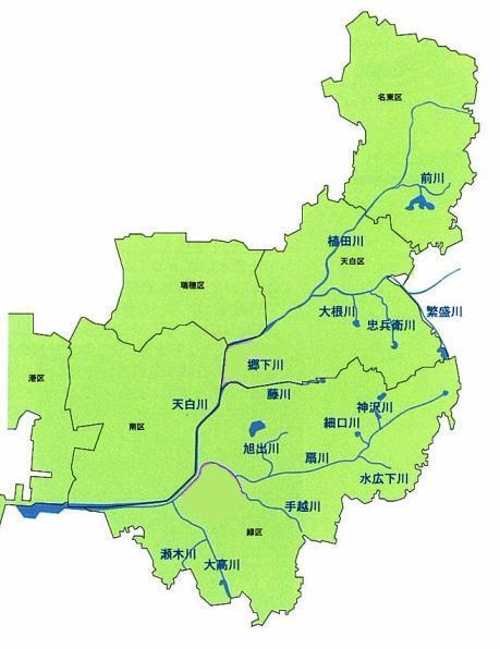 地図:天白川、扇川、植田川など、本市東部から東南部にかけての天白川水系概略