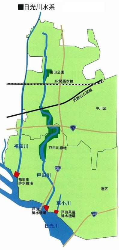 地図:日光川、戸田川など、本市西南部、日光川水系の概略