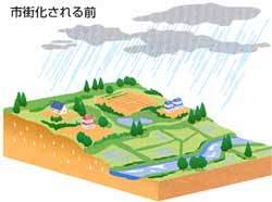 開発されていない土地では、田畑等に水がしみこみます。