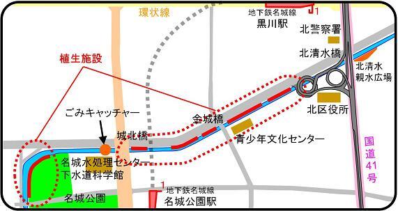 地図:植生施設場所(城北橋から田幡橋)