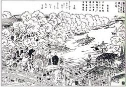 写真:堀川日置橋より両岸の桜花を望む図(「尾張名所図会」市博物館所蔵)