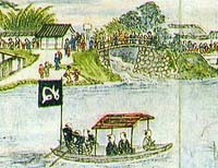 写真:堀川に注ぐ紫川(「御船御行列之図」部分・市博物館所蔵)