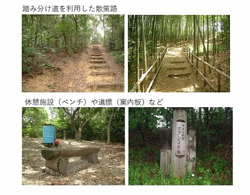 写真：オアシスの森　踏み分け道を利用した散策路、休憩施設（ベンチ）や道標（案内板）など