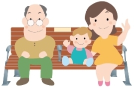 イラスト:ベンチに家族が座り、和んでいる様子