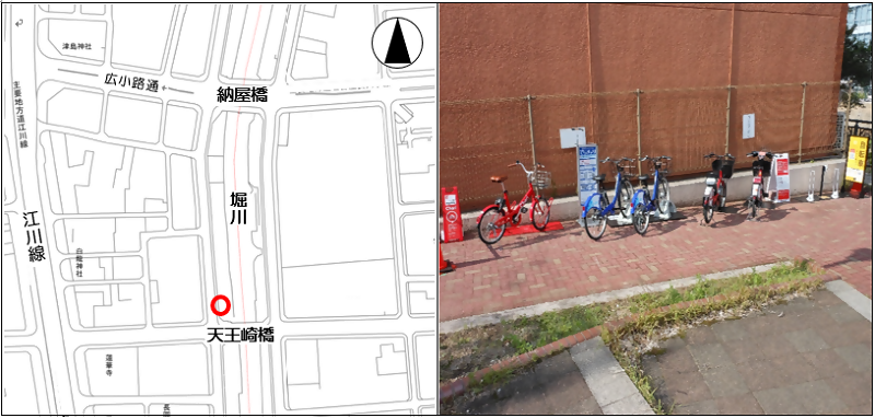 天王崎橋上流右岸広場ステーション地図と写真