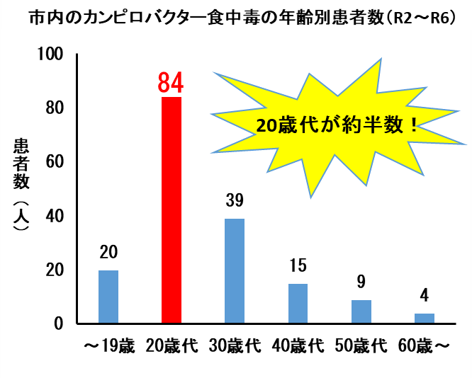 グラフ：カンピロバクター食中毒の年齢別の患者数