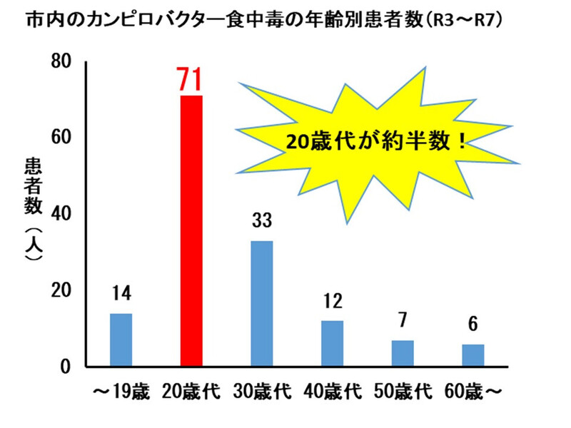 グラフ：カンピロバクター食中毒の年齢別の患者数