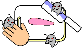 イラスト：細菌のついた手、包丁、まな板