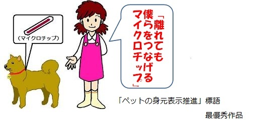 イラスト:犬のマイクロチップ装着部位 「離れても僕らをつなげるマイクロチップ」 「ペットの身元表示推進」標語最優秀作品