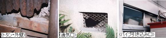写真：屋外から住宅への侵入場所（トタン・外壁、通気口、パイプ引き込み口）