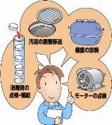 イラスト：保守点検には消毒剤の点検・補給、汚泥の調整、機能の診断、モーターの点検などがあります