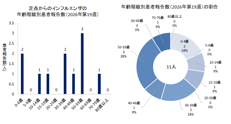グラフ：定点からのインフルエンザの年齢階級別患者報告数と年齢階級別患者報告数の割合　2026年第19週のインフルエンザの50定点からの患者報告数は11人でした。