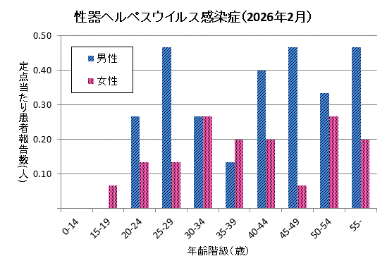 グラフ：2月の性器ヘルペスウイルス感染症の定点当たり患者報告数は男性2.80、女性1.53でした。