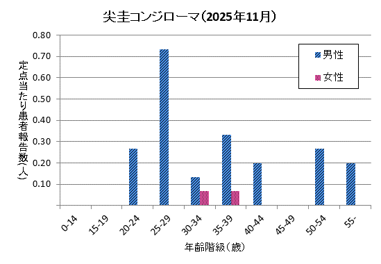 グラフ：11月の尖圭コンジローマの定点当たり患者報告数は男性2.13、女性0.13でした。