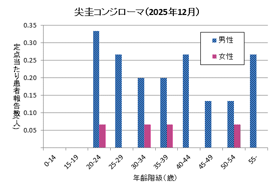 グラフ：12月の尖圭コンジローマの定点当たり患者報告数は男性1.80、女性0.27でした。