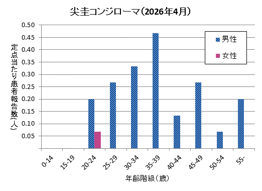 グラフ：4月の尖圭コンジローマの定点当たり患者報告数は男性1.93、女性0.07でした。
