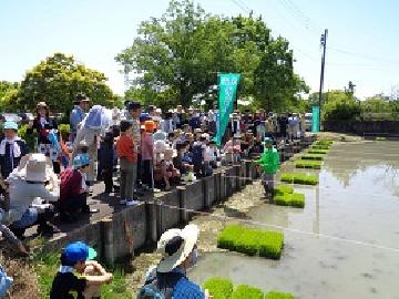 写真:参加者の皆さんが田植えの説明を聞いている様子